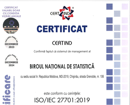 Biroul Național de Statistică a fost certificat în conformitate cu standardele ISO/IEC 27 001:2013 privind securitatea și ISO/IEC 27701:2019  privind protecția datelor cu caracter personal